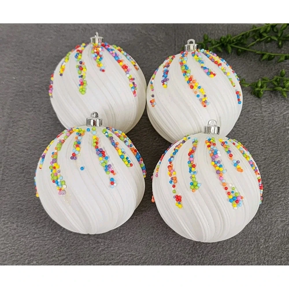 4 White Swirl Beaded Christmas‎ Round Ball Ornaments Colorful Plastic 4